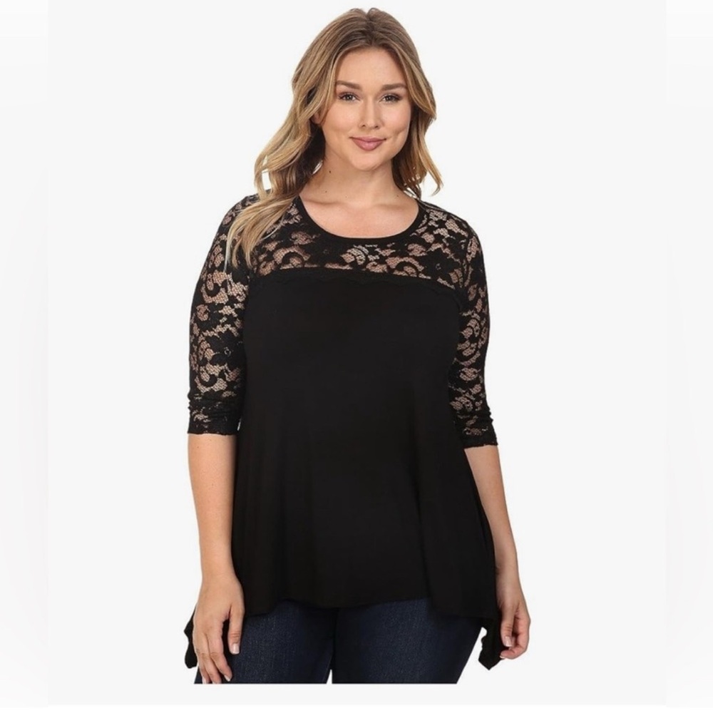 NWT‎ Karen Kane Black Lace Yoke Top Mystic Spring Women's Blouse Size Medium